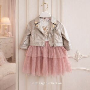 Little Lass 3-Piece Jacket & Dress Set – Rose Tulle & Metallic Moto (18M) NWT